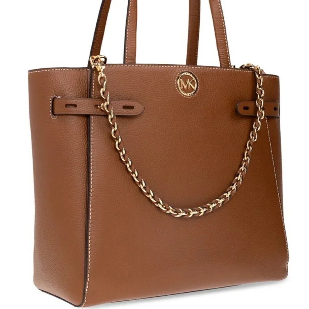 MICHAEL KORS CARMEN LARGE TOTE PEBBLE LEATHER CHESTNUT GOLD VERSATILE CARRY ALL